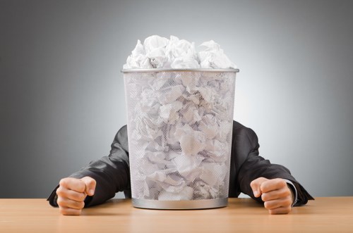 A person's arms and hands, dressed in formal black suit sleeves, are positioned on either side of a metallic waste bin filled with crumpled white paper. The bin is cylindrical, made of stainless steel with a mesh-like texture, and is placed on a smooth, light wooden table surface. The background is plain and neutral grey, creating a professional and minimalistic setting. The crumpled paper inside the bin appears to be used, with uneven folds and edges visible through the semi-transparent mesh. The image emphasizes the concept of waste or rubbish disposal, relevant to rubbish removal services offered by Business Waste Removal Uxbridge, and underscores the importance of proper waste management in a commercial environment within the local area.